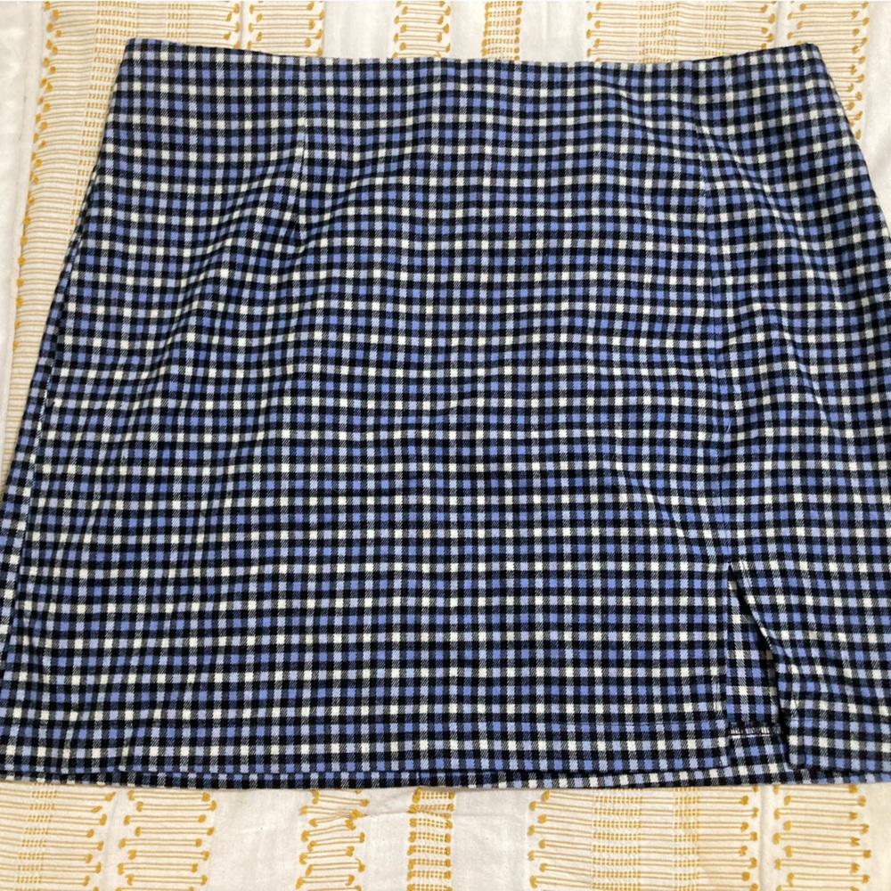 Blue white and black plaid skirt